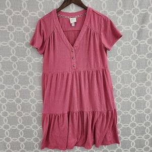Knox Rose V neck Button Up Short Sleeve Ruffle Tunic Mini Dress M Pink